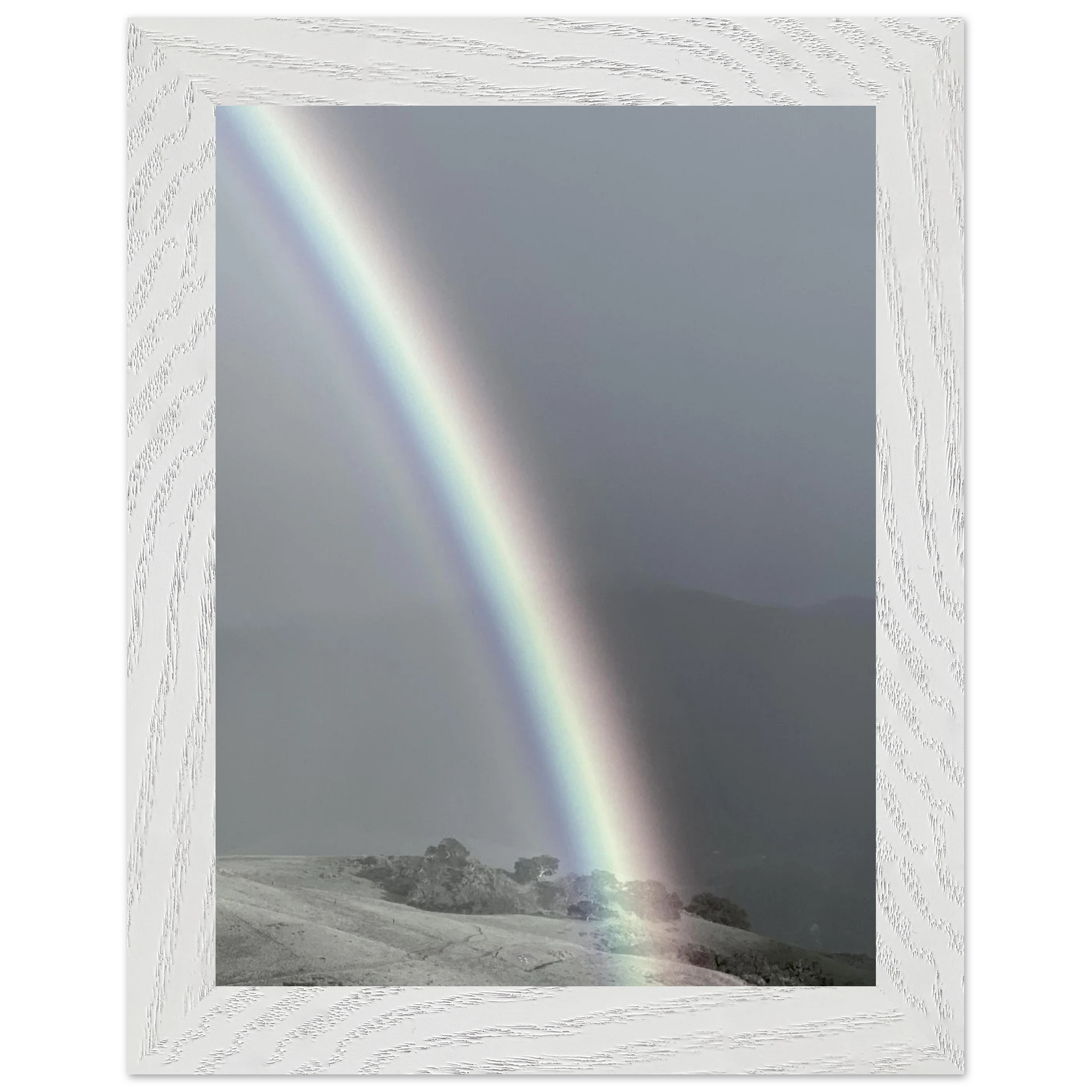 Black and white mounted framed poster of a rainbow after a summer storm, part of the California Central Coast travel collection.