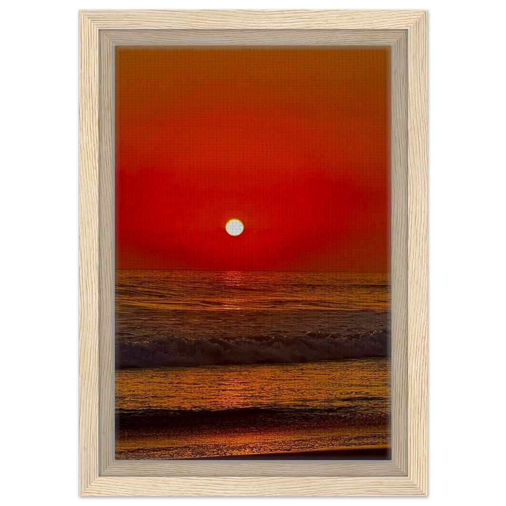 Framed canvas print of California Red Sunset Series 2/3 by CaliCuration, showcasing vibrant red hues in a captivating sunset scene.
