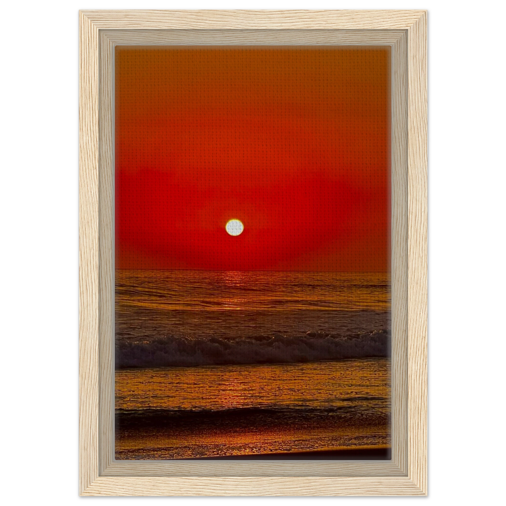 Framed canvas print of California Red Sunset Series 2/3 by CaliCuration, showcasing vibrant red hues in a captivating sunset scene.