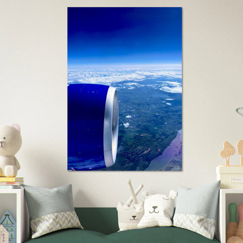 Aluminum print of a cross-Atlantic airplane turbine view from the travel collection, featuring detailed aircraft artwork.