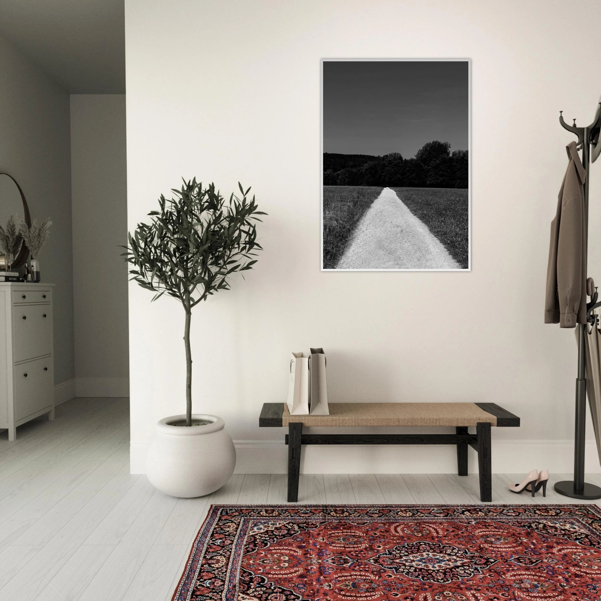 Black and white framed poster featuring a summer road scene from the Travel Collection on semi-glossy paper, Studio Edition.