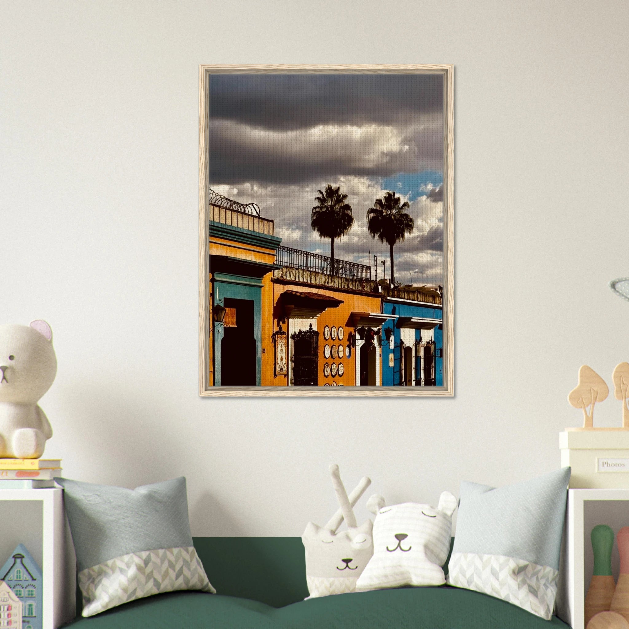 Framed Oaxaca two palm trees canvas print from CaliCuration's Mexico travel collection, spring 2026, showcasing vibrant tropical scenery.