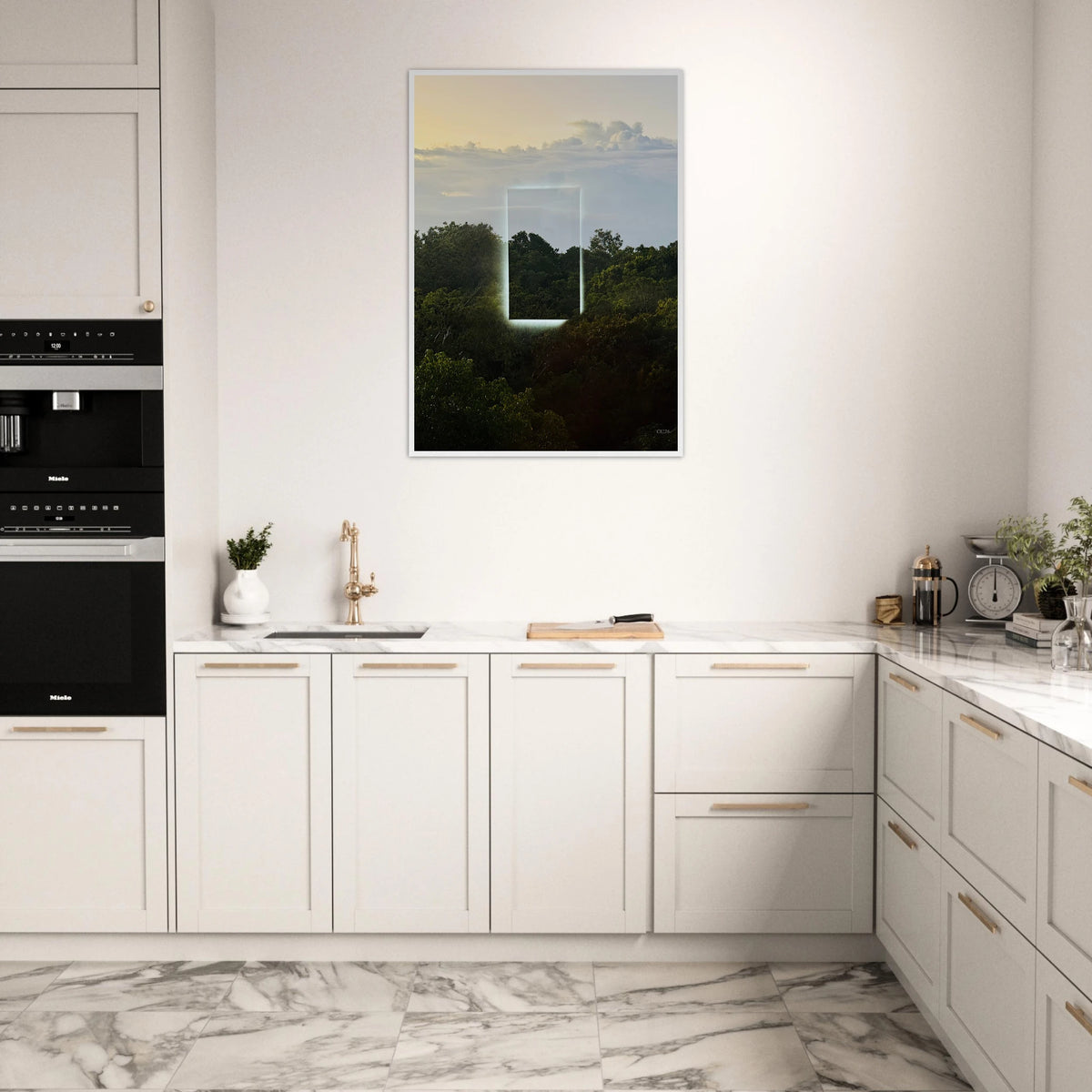 Color print titled "A Window into Jungle Stillness" by CaliCuration, showcasing a serene jungle scene in vibrant colors.
