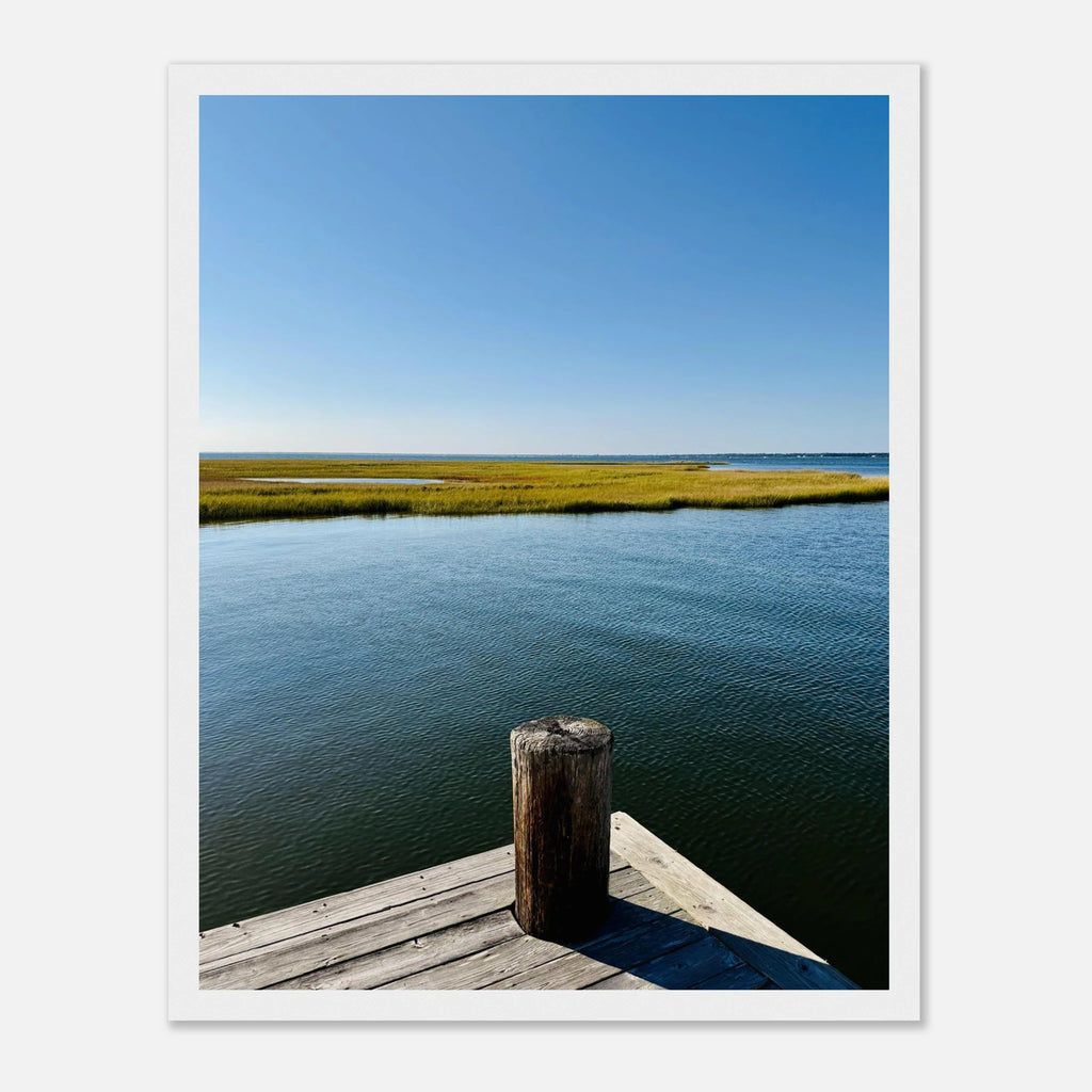 Framed print of Long Island Sound pier with dreamy sunset, showcasing vibrant colors and a relaxing summer mood wall art.