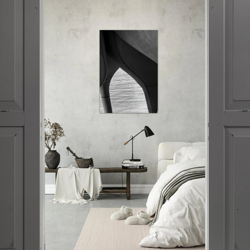 Black and white abstract canvas print of NYC Hudson River pier with high heels in water, part of the Studio Edition Travel Collection.