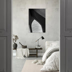 Black and white abstract canvas print of NYC Hudson River pier with high heels in water, part of the Studio Edition Travel Collection.