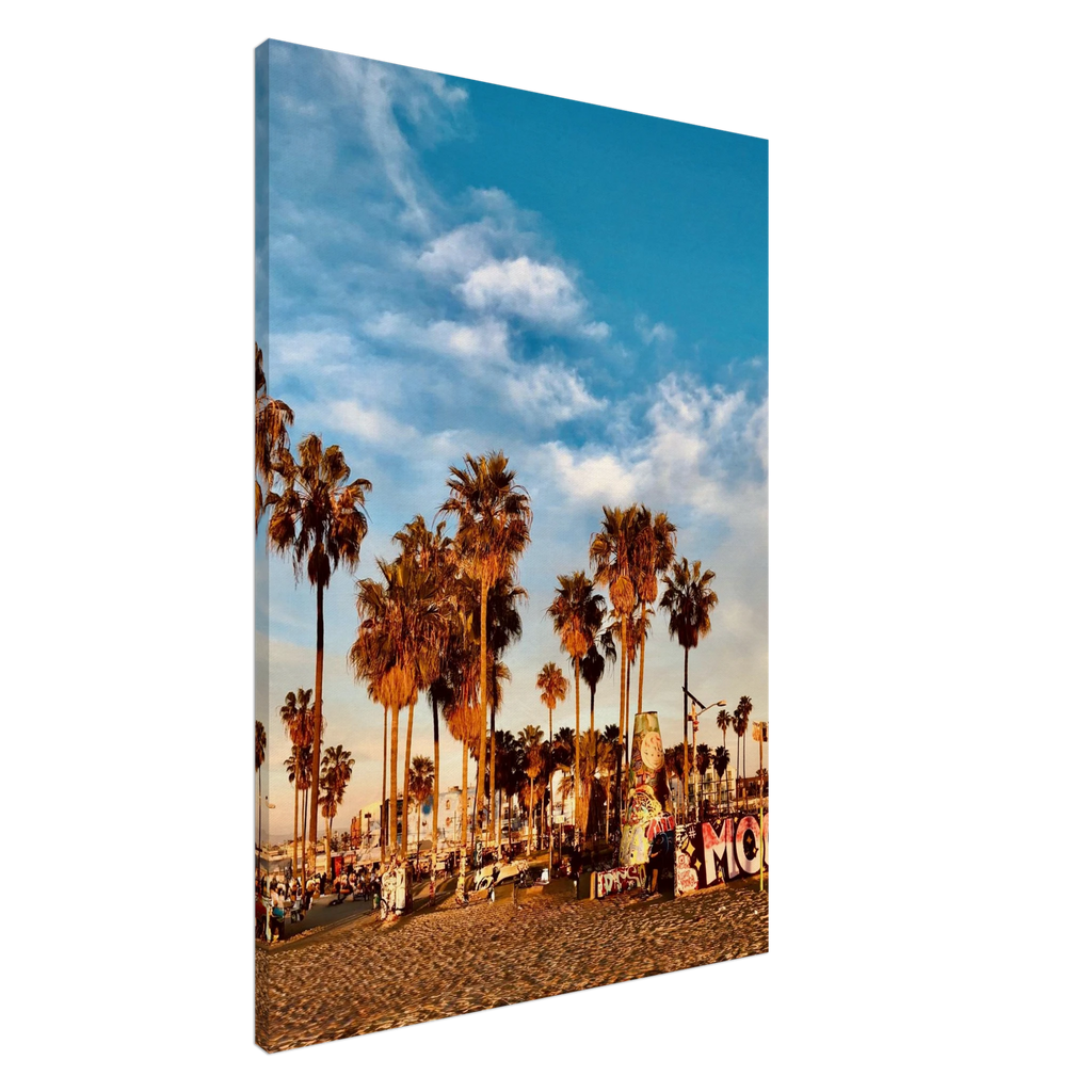 SoCal Beach canvas print featuring edgy palm trees and graffiti design, California studio edition artwork on high-quality print material.