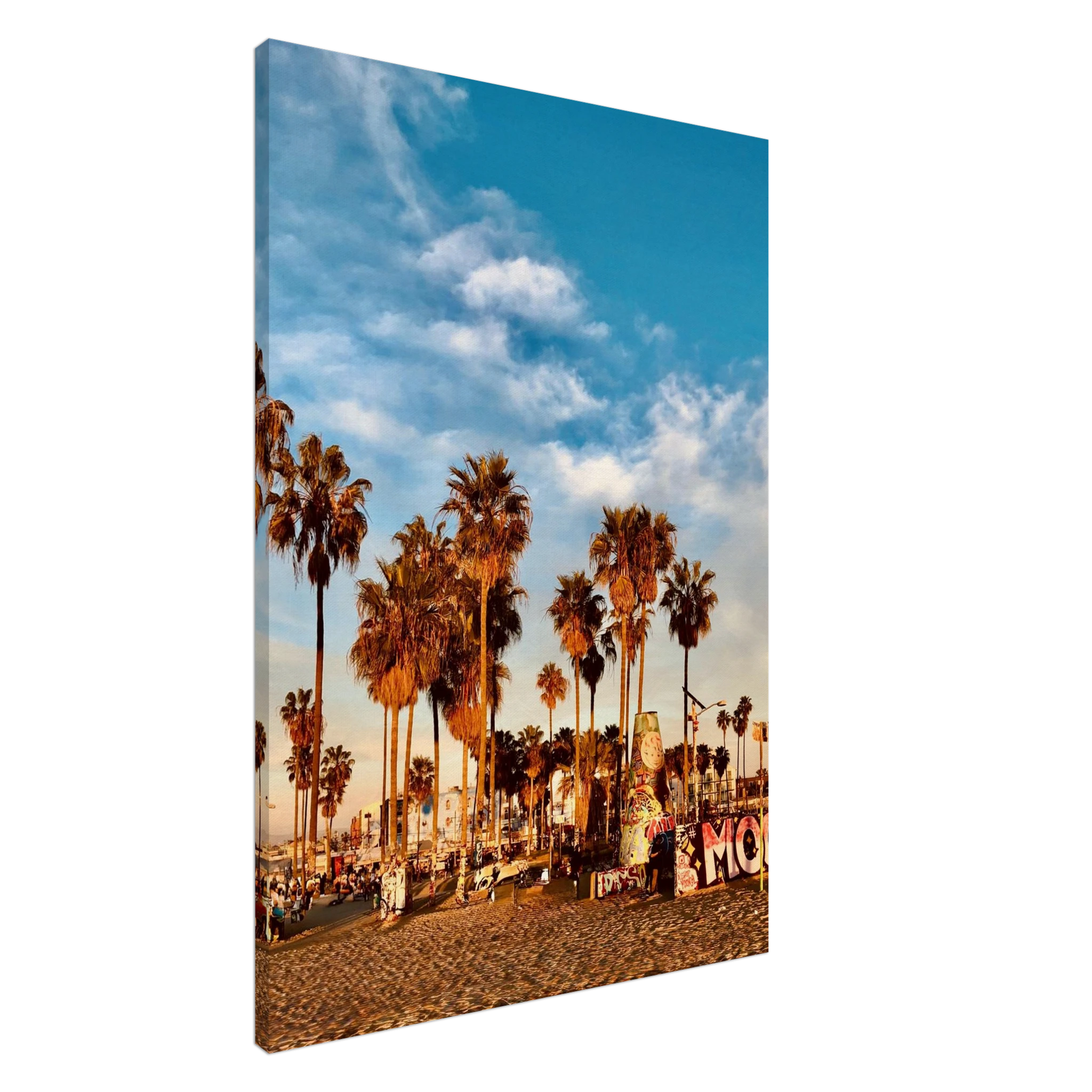 SoCal Beach canvas print featuring edgy palm trees and graffiti design, California studio edition artwork on high-quality print material.