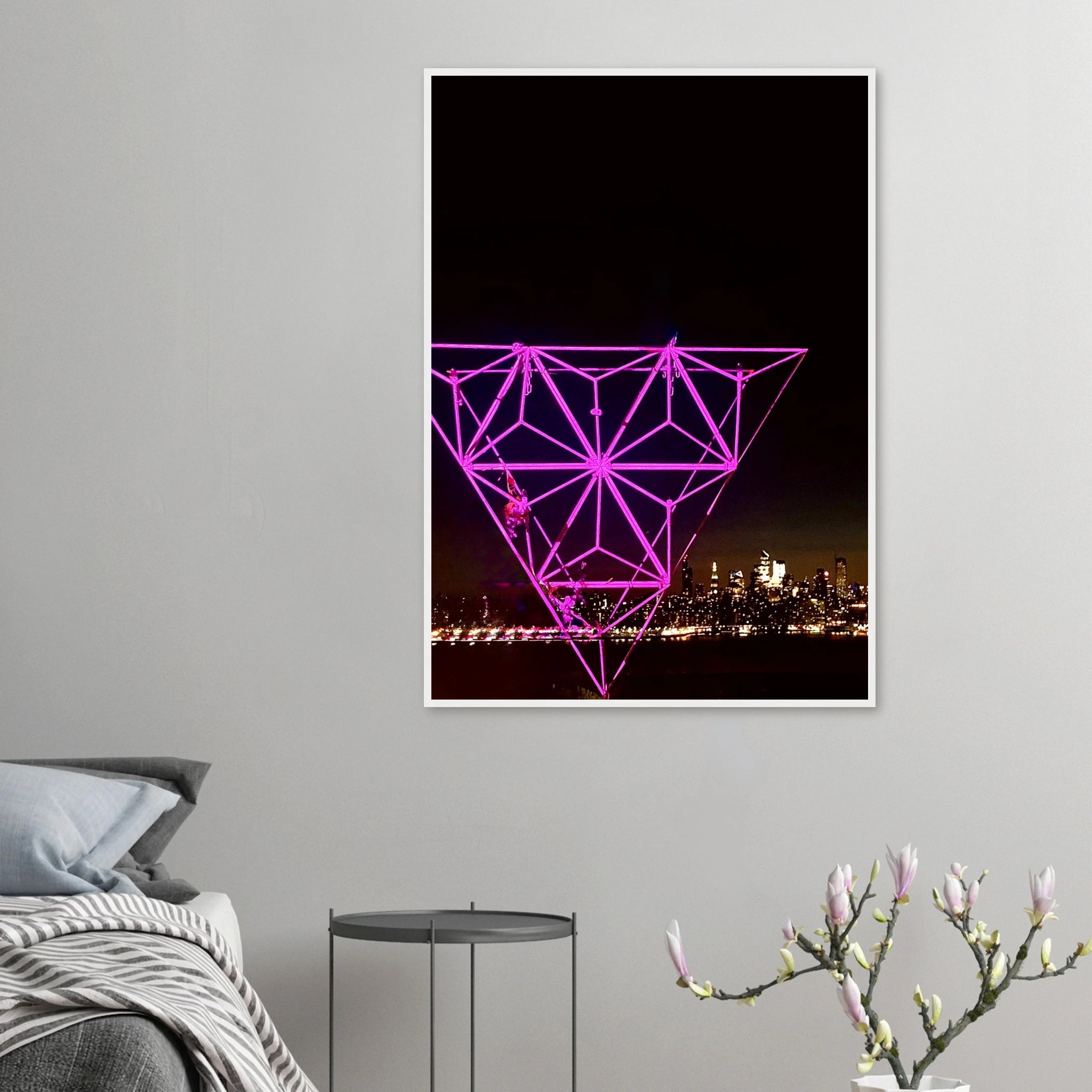 Framed print of a Manhattan night view featuring the Empire State Building, part of the New York City Holiday Purple Art Installation collection.