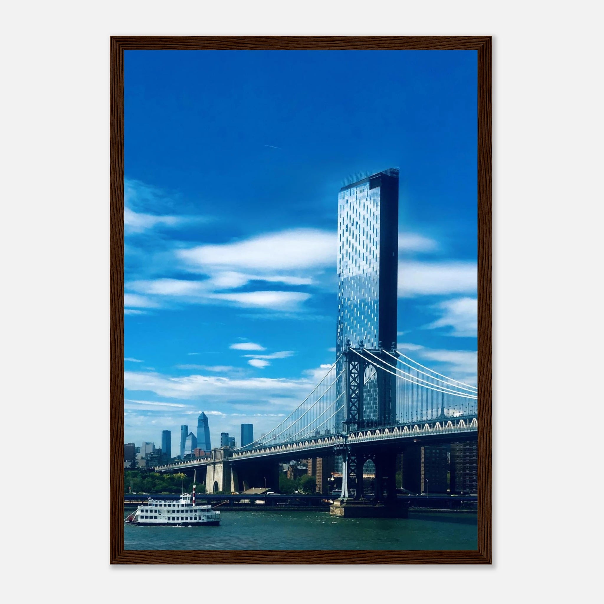 Framed NYC Manhattan Bridge and East River urban photography print, showcasing iconic New York City skyline and bridge details.