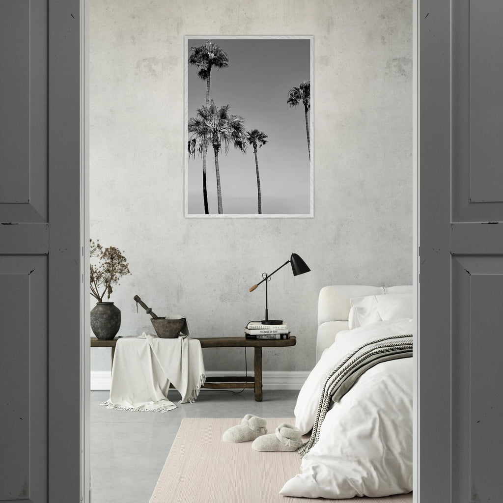 Premium wooden framed black and white California beach icons poster print with semi-glossy finish.