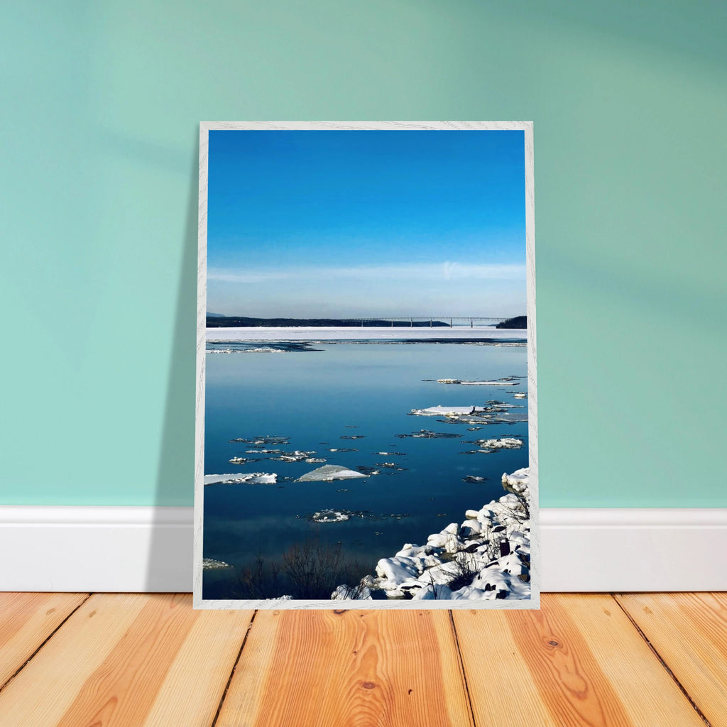 Wooden framed Hudson Valley winter poster print featuring snowy landscape, part of the Studio Edition travel collection.