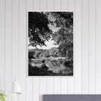 Black and white framed poster of Upstate NY summer lake scene from the Studio Edition Travel Collection, featuring warm, serene lake views.