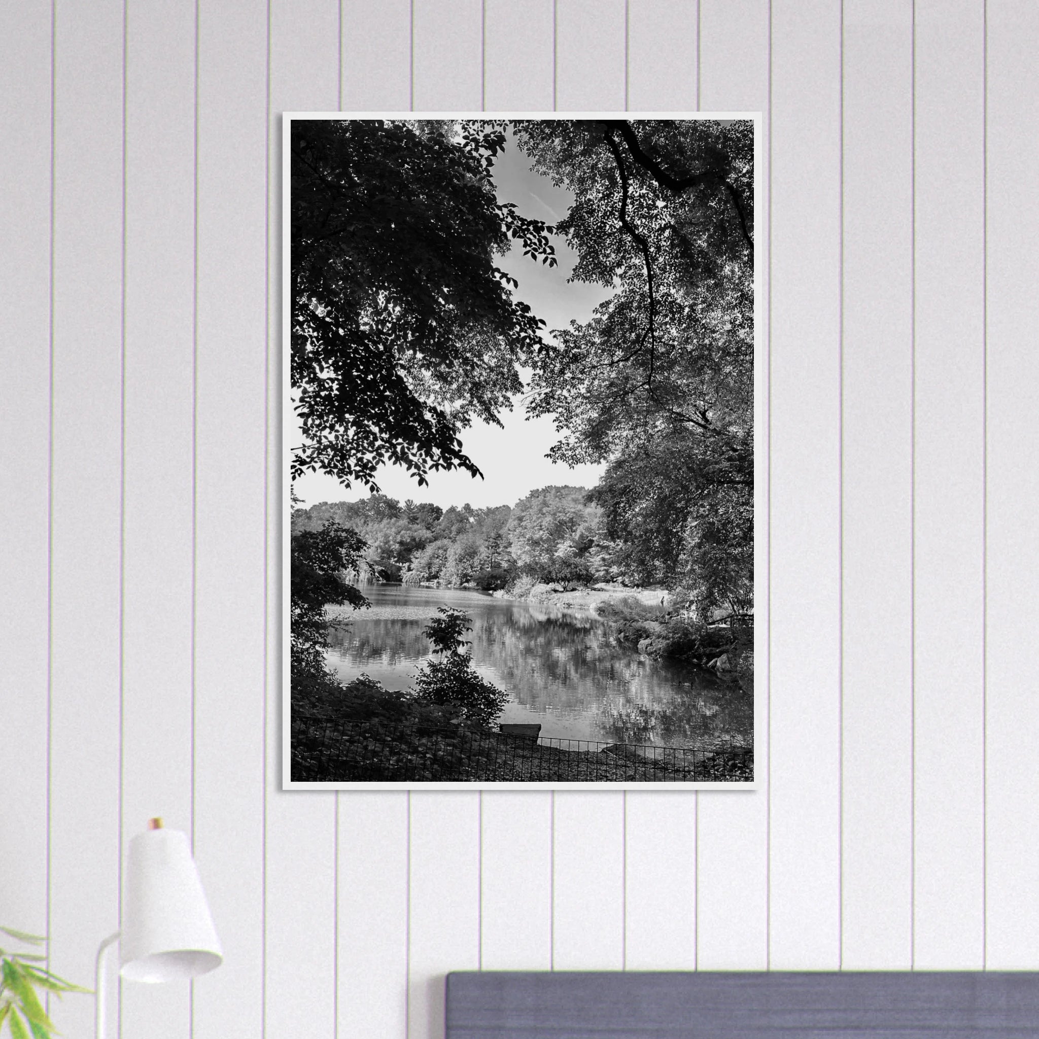 Black and white framed poster of Upstate NY summer lake scene from the Studio Edition Travel Collection, featuring warm, serene lake views.