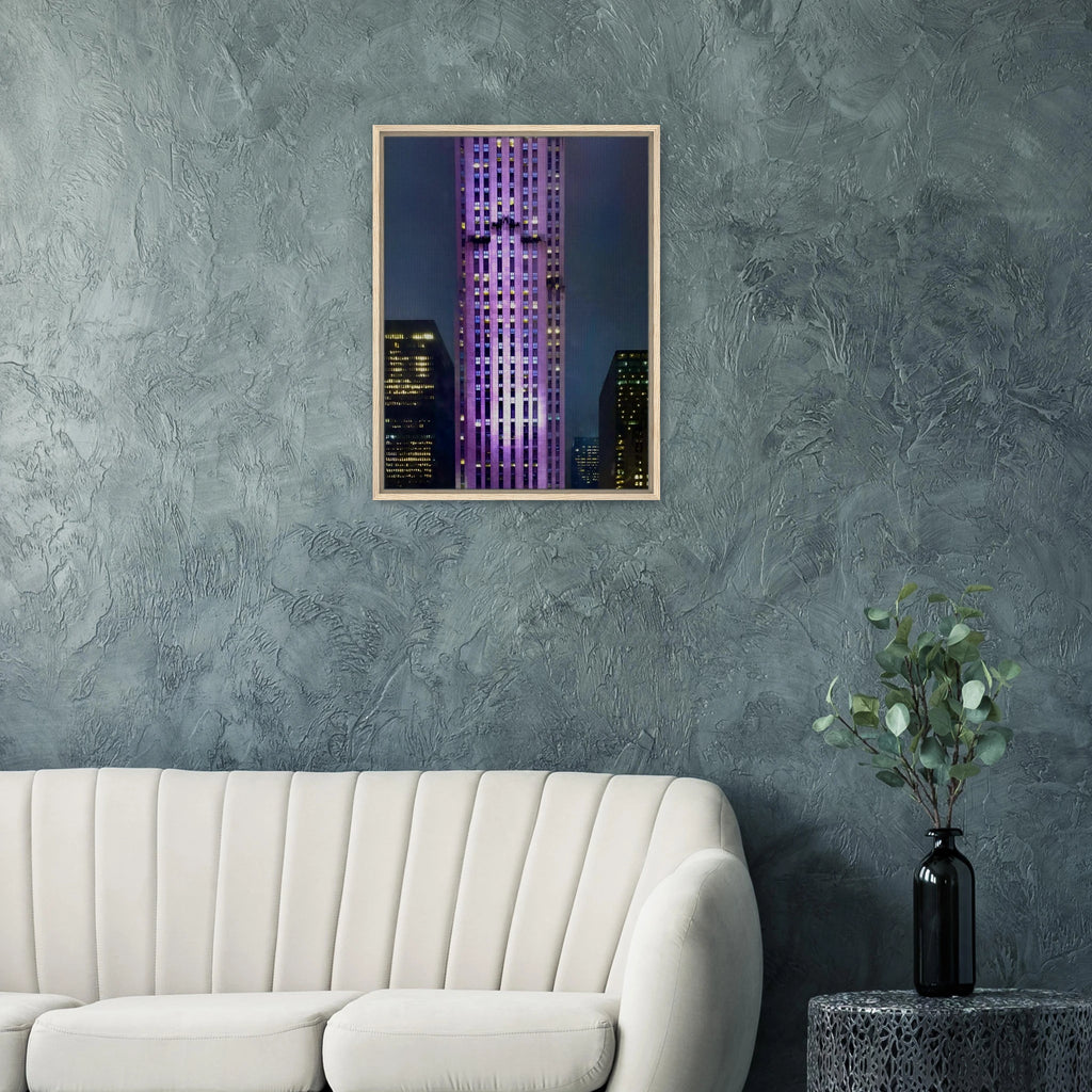 Purple NYC holiday skyline framed canvas print from the Travel Collection, showcasing a vibrant cityscape with festive lights.