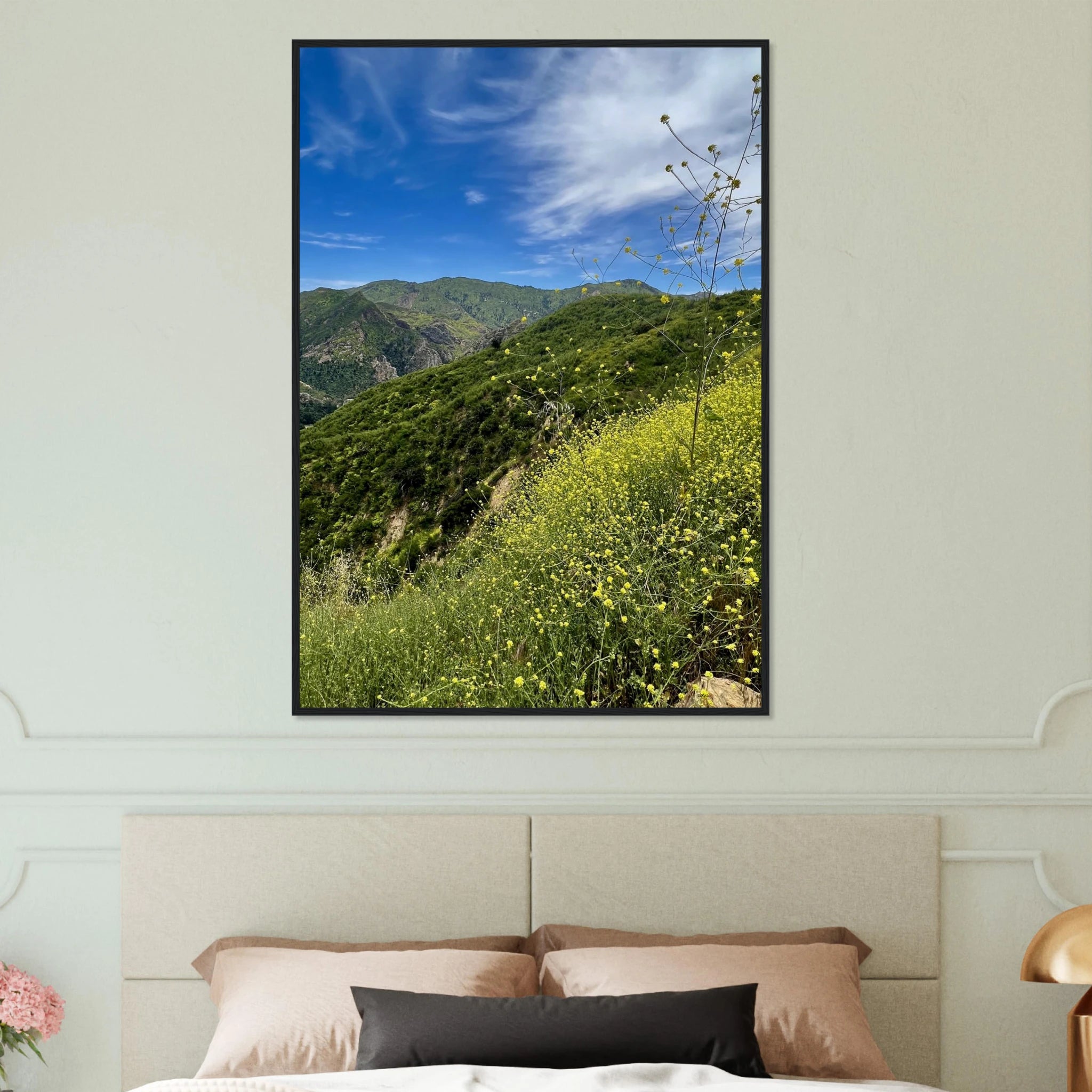 Malibu Canyon Wildflowers wooden framed poster on museum-quality matte paper wall art featuring California scenic landscape.