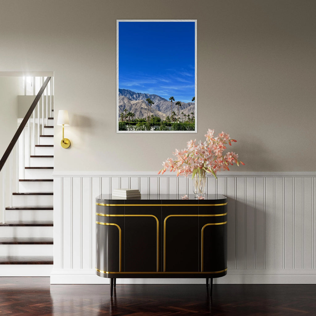Premium wooden framed poster of a sunny fall day in Palm Springs, California, featuring vibrant autumn scenery and studio edition artwork.