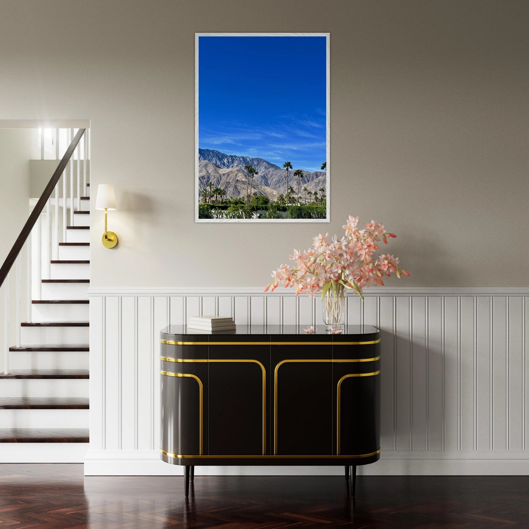 Premium wooden framed poster of a sunny fall day in Palm Springs, California, featuring vibrant autumn scenery and studio edition artwork.
