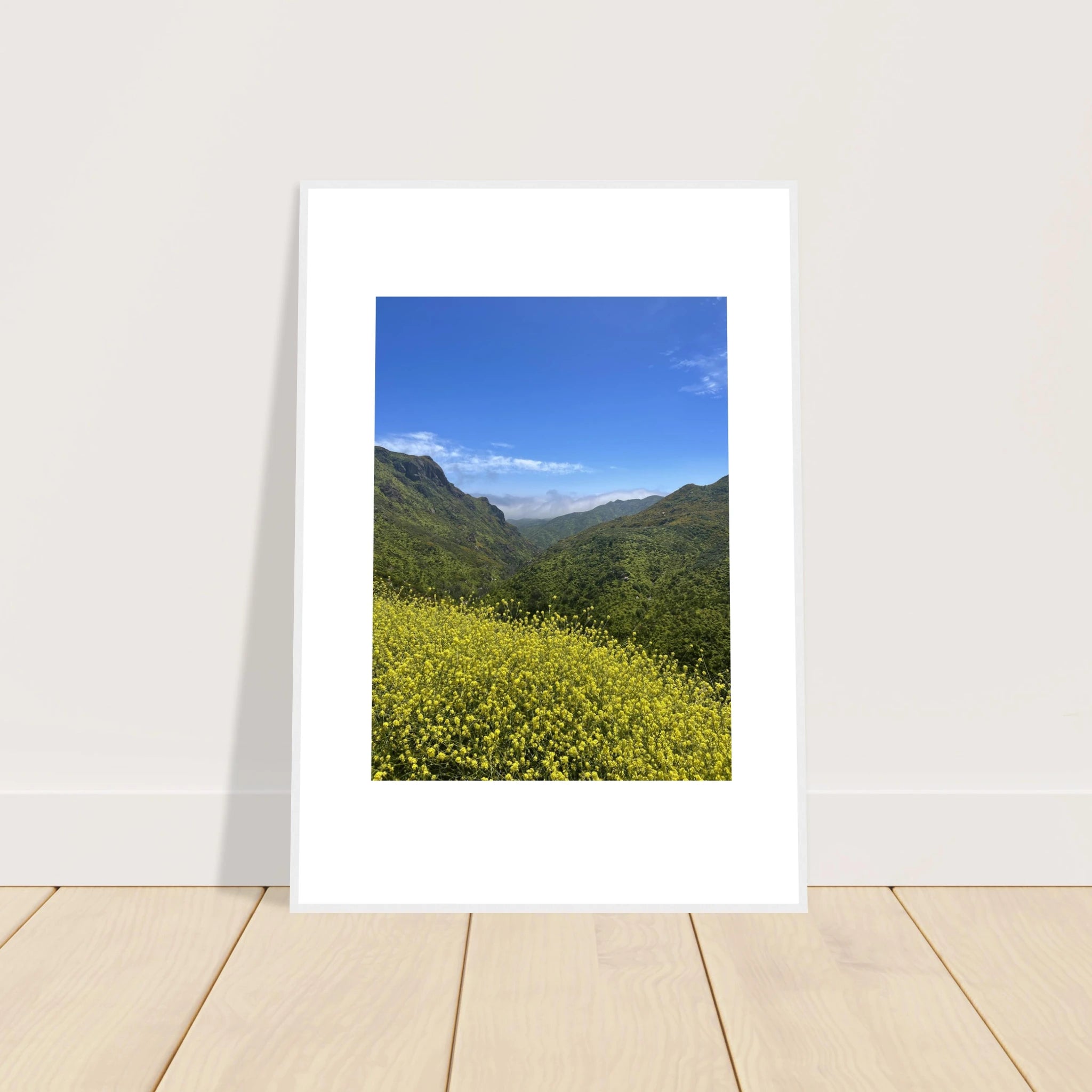 High-quality framed art print of Malibu Canyon in spring bloom wildflowers, showcasing vibrant California landscape artwork.