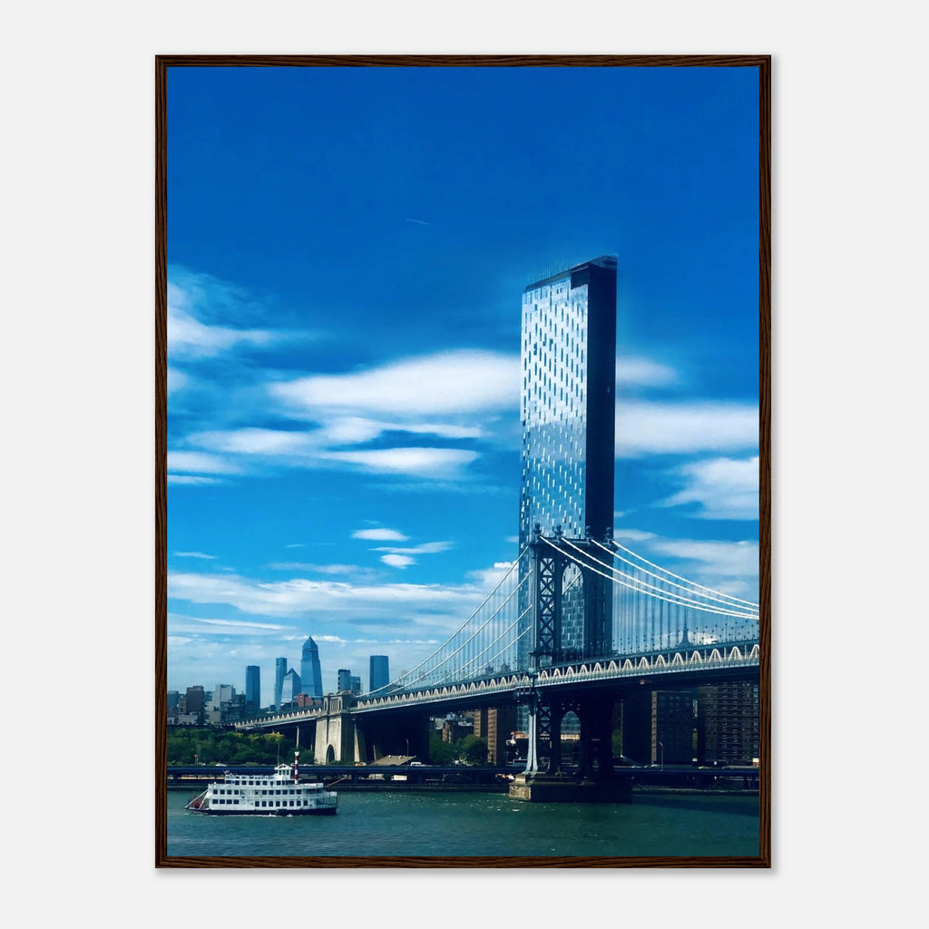 Framed print of NYC Manhattan Bridge and East River, showcasing urban photography in a stylish studio edition for travel decor.