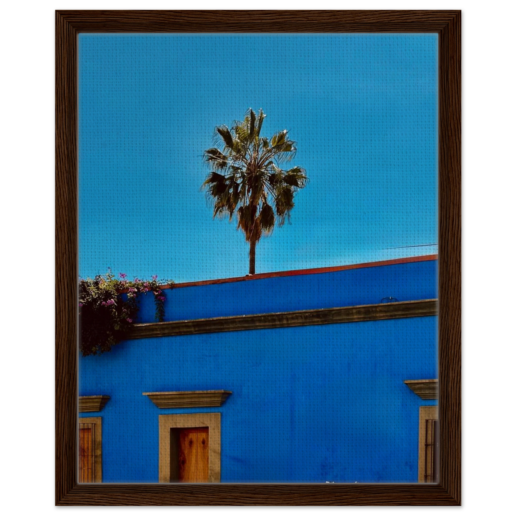 Oaxaca streets in Mexico framed canvas print by CaliCuration, featuring palm trees and colorful city scenes in vibrant travel artwork.