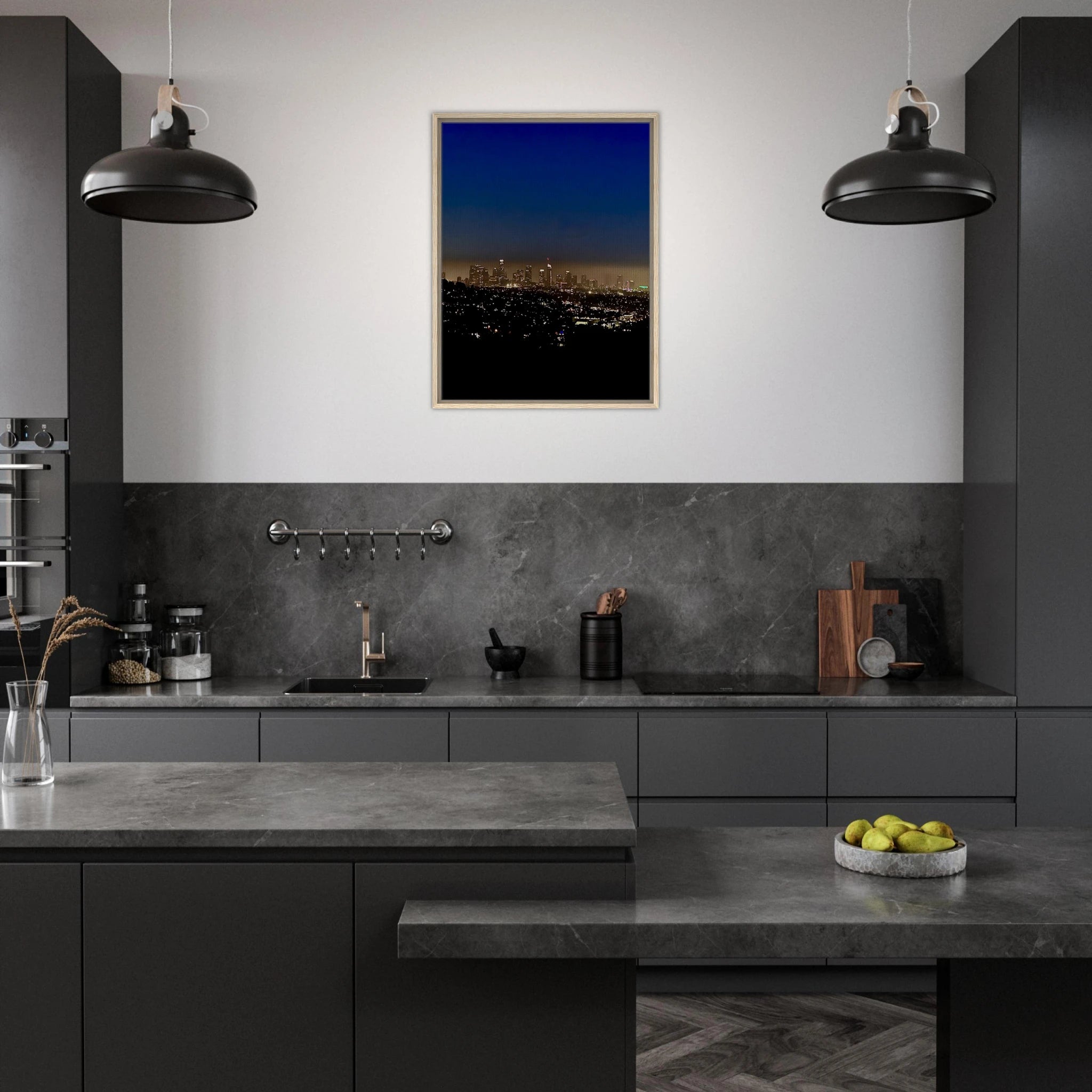 Premium wooden framed canvas print of Los Angeles downtown night glow, elegant home wall art, California cityscape, Studio Edition.