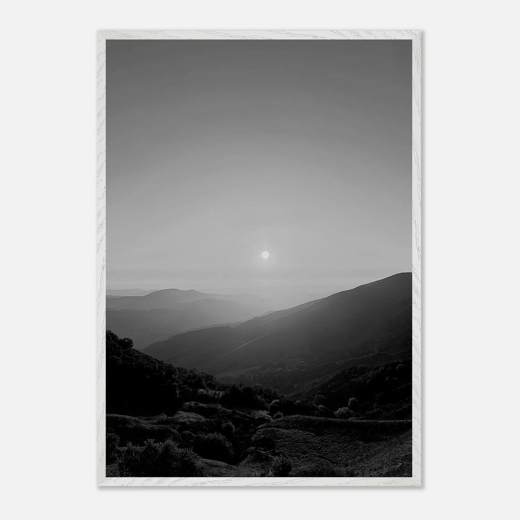 Black and white mounted framed poster of California Central Coast sunset, featuring a scenic coastal landscape print.
