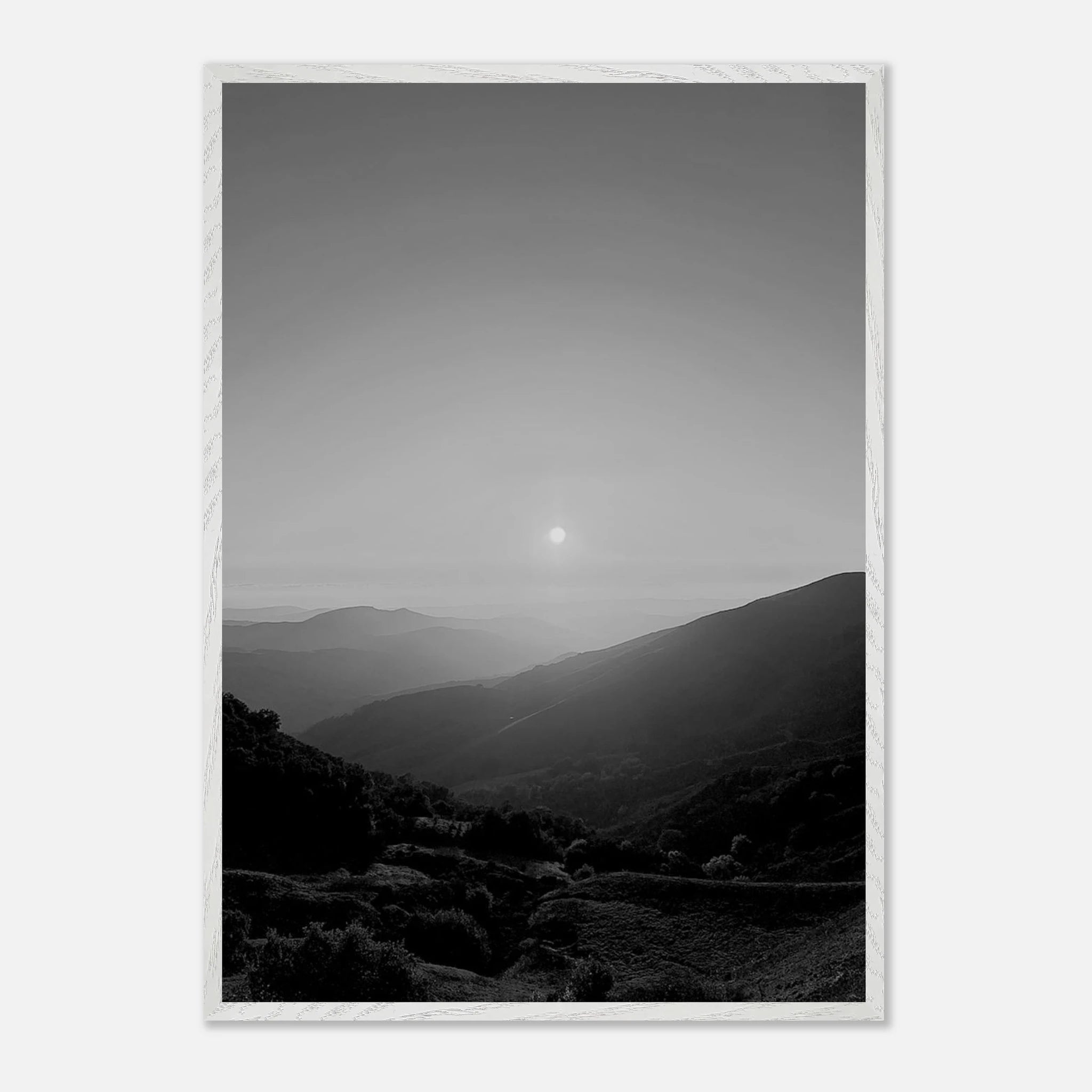 Black and white mounted framed poster of California Central Coast sunset, featuring a scenic coastal landscape print.