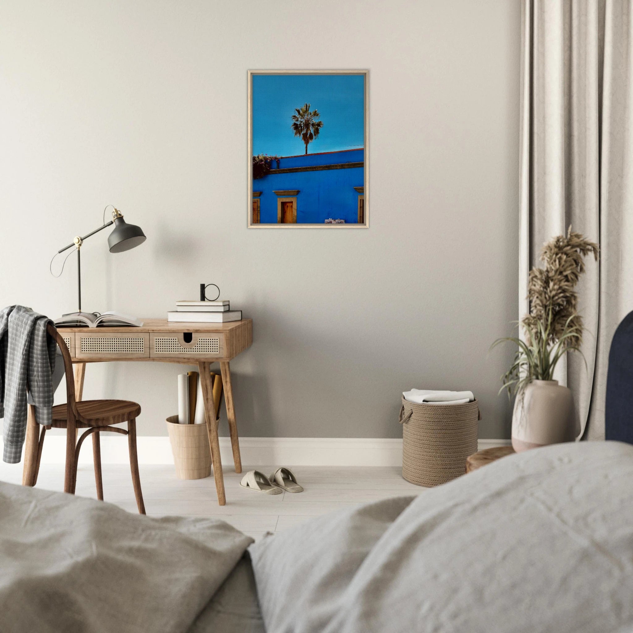 Colorful print of Oaxaca streets with palm trees on blue framed canvas artwork by CaliCuration, part of the Spring 26 travel collection.