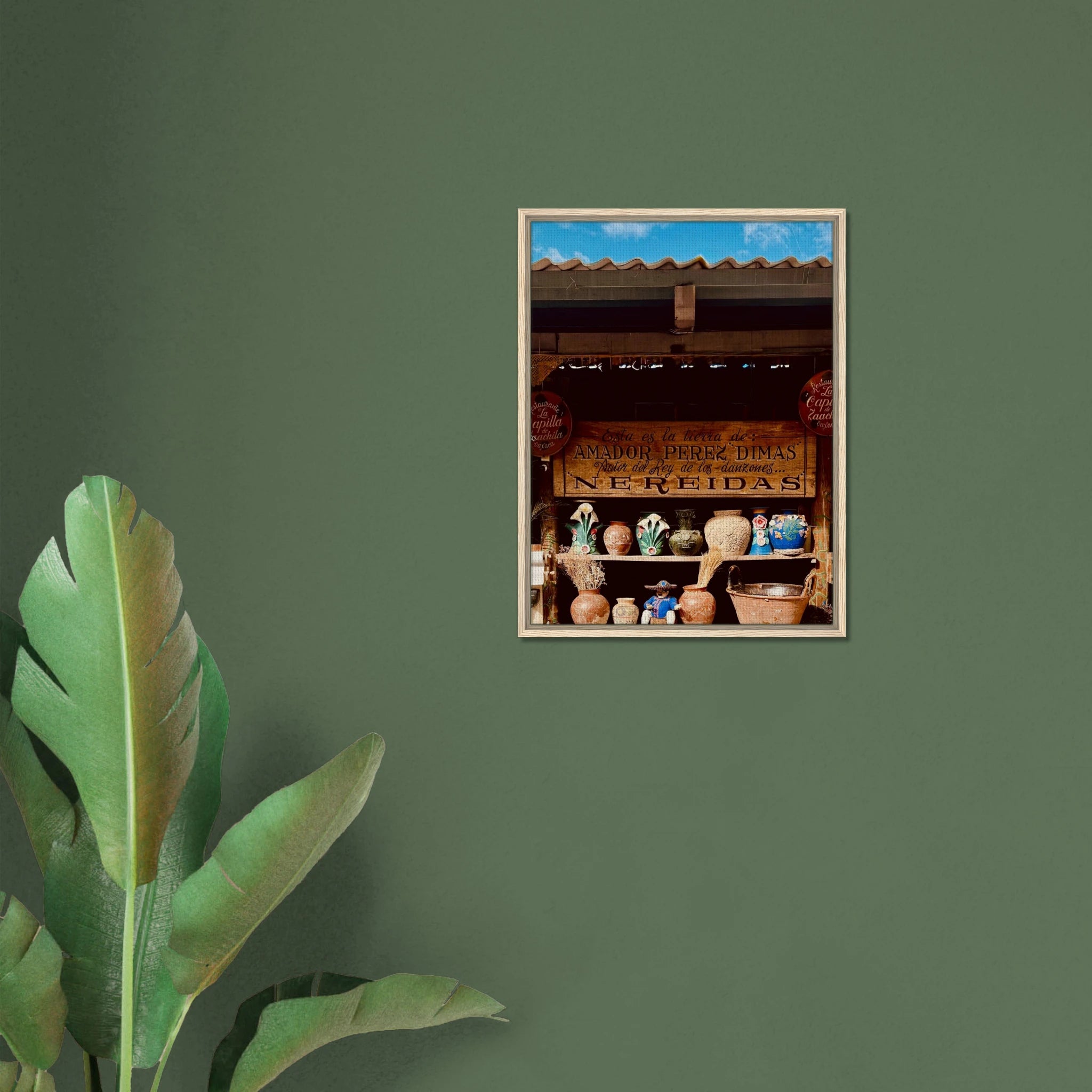 Colorful framed canvas print of Oaxaca street fair scene from CaliCuration's Mexico Travel Collection, Studio Edition Spring 2026.