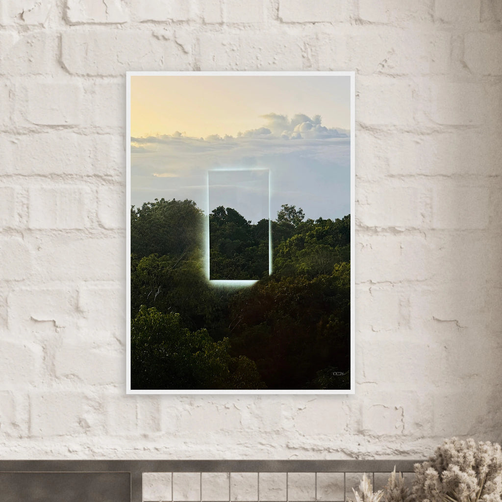 Color print titled "A Window into Jungle Stillness" by CaliCuration, showcasing a serene jungle scene with vibrant colors.