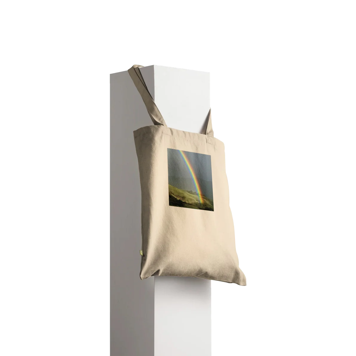 Colorful rainbow print cotton tote bag with summer vibes design, eco-friendly and spacious for everyday use.