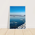 Wooden framed Hudson Valley winter poster print from the Travel Collection, featuring snowy landscape and holiday winter scenery.