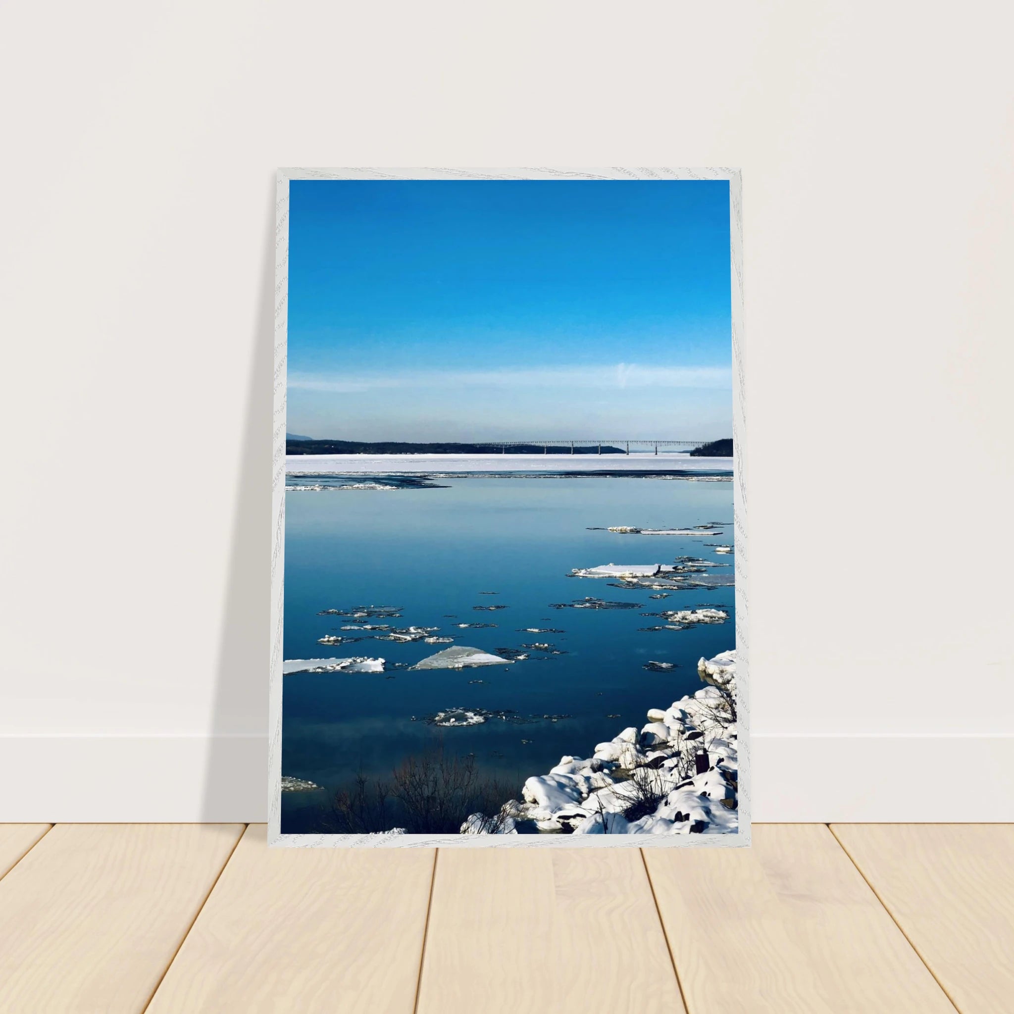 Wooden framed Hudson Valley winter poster print from the Travel Collection, featuring snowy landscape and holiday winter scenery.