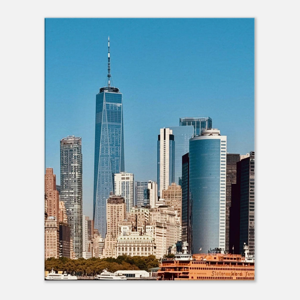 NYC skyline canvas print by My Store featuring the World Trade Center and Staten Island Ferry in a travel collection studio edition.