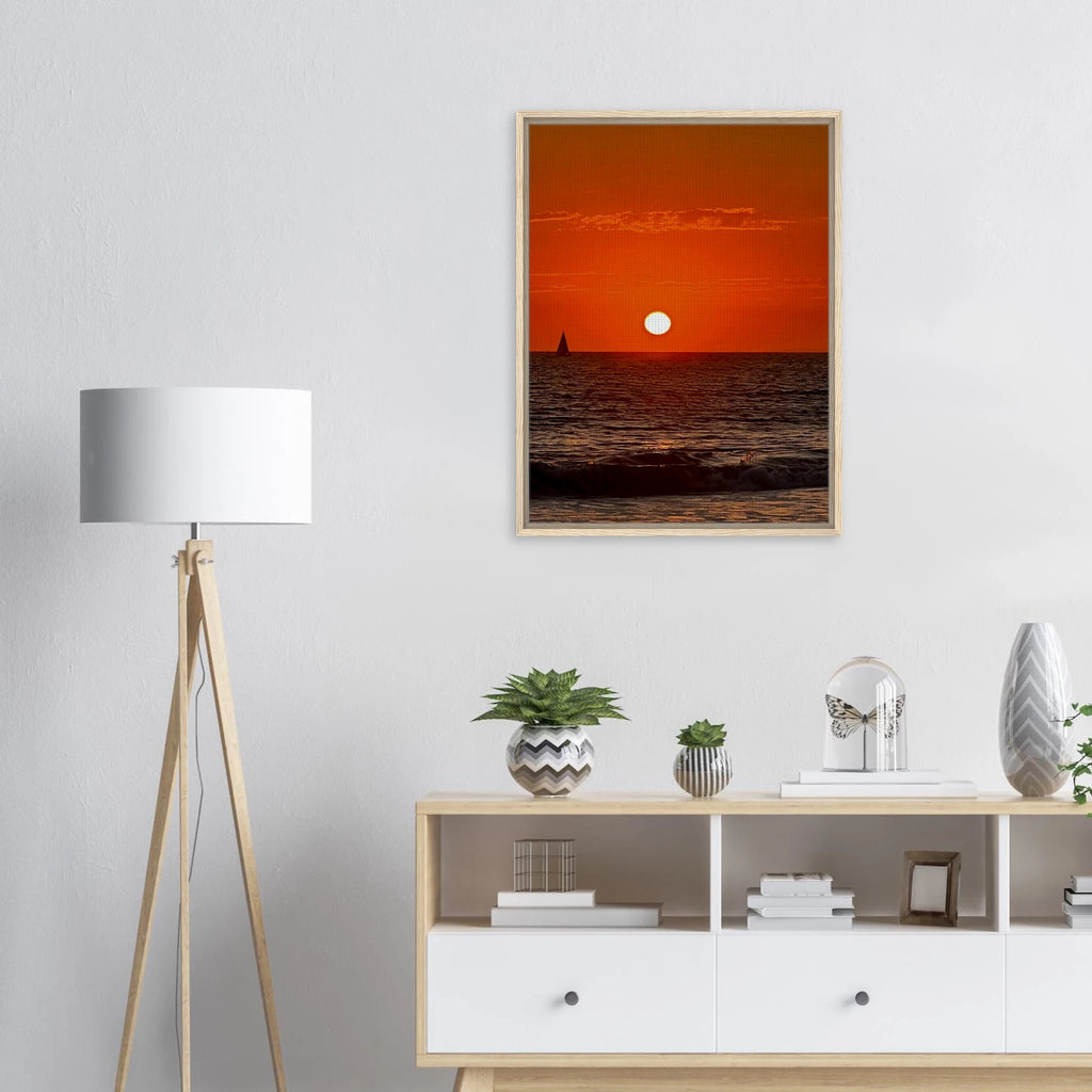 Framed canvas print of California Red Sunset Series 1/3 by CaliCuration showcasing vibrant red sunset hues in a captivating landscape scene.