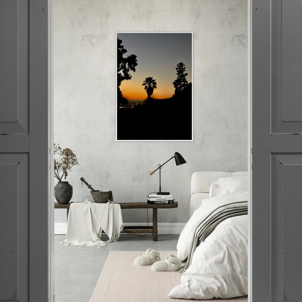 Winter Sunset Laurel Canyon Hollywood Hills framed poster, California art print in studio edition with warm sunset colors, wall decor.