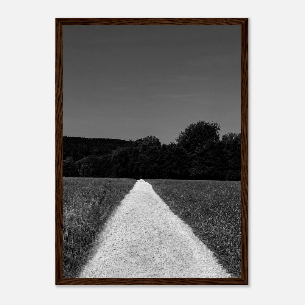 Black and white framed poster of a summer road scene from the Travel Collection, printed on semi-glossy paper, studio edition.