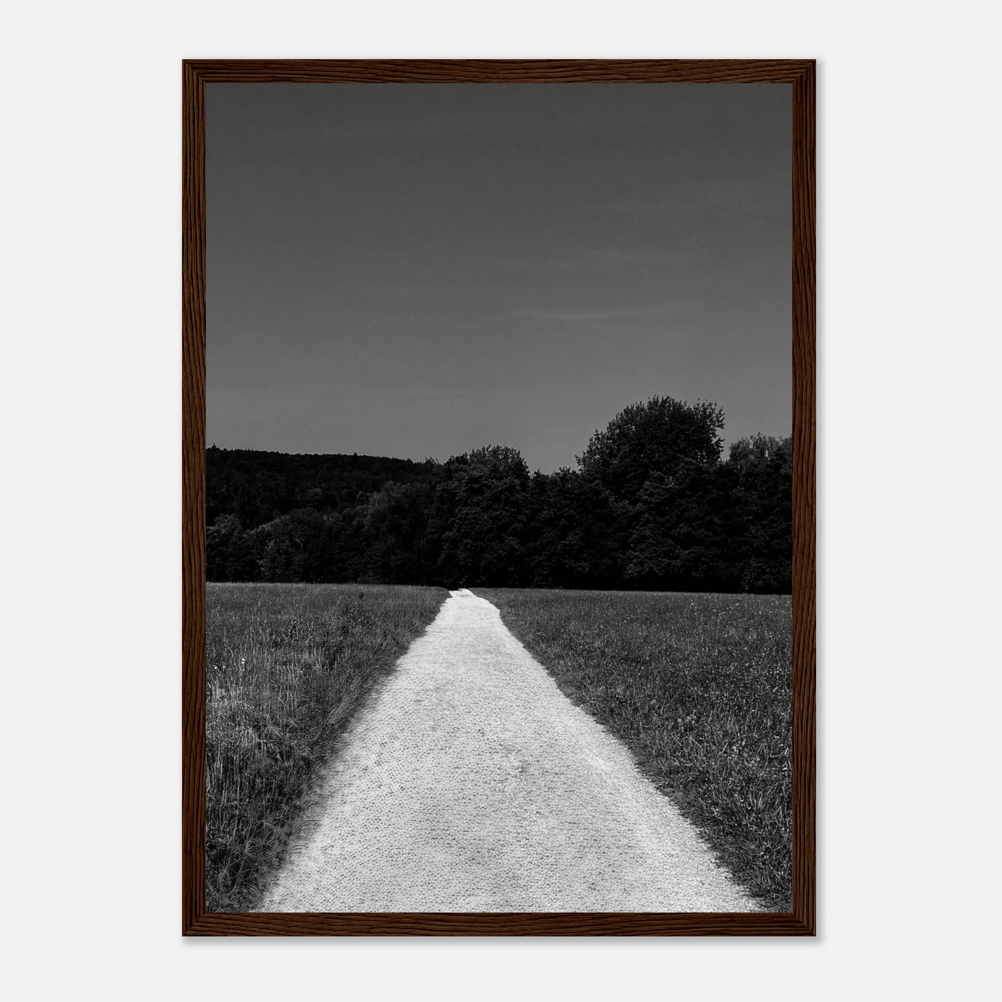 Black and white framed poster print of a summer road scene from the Travel Collection, featuring semi-glossy paper and wooden frame.