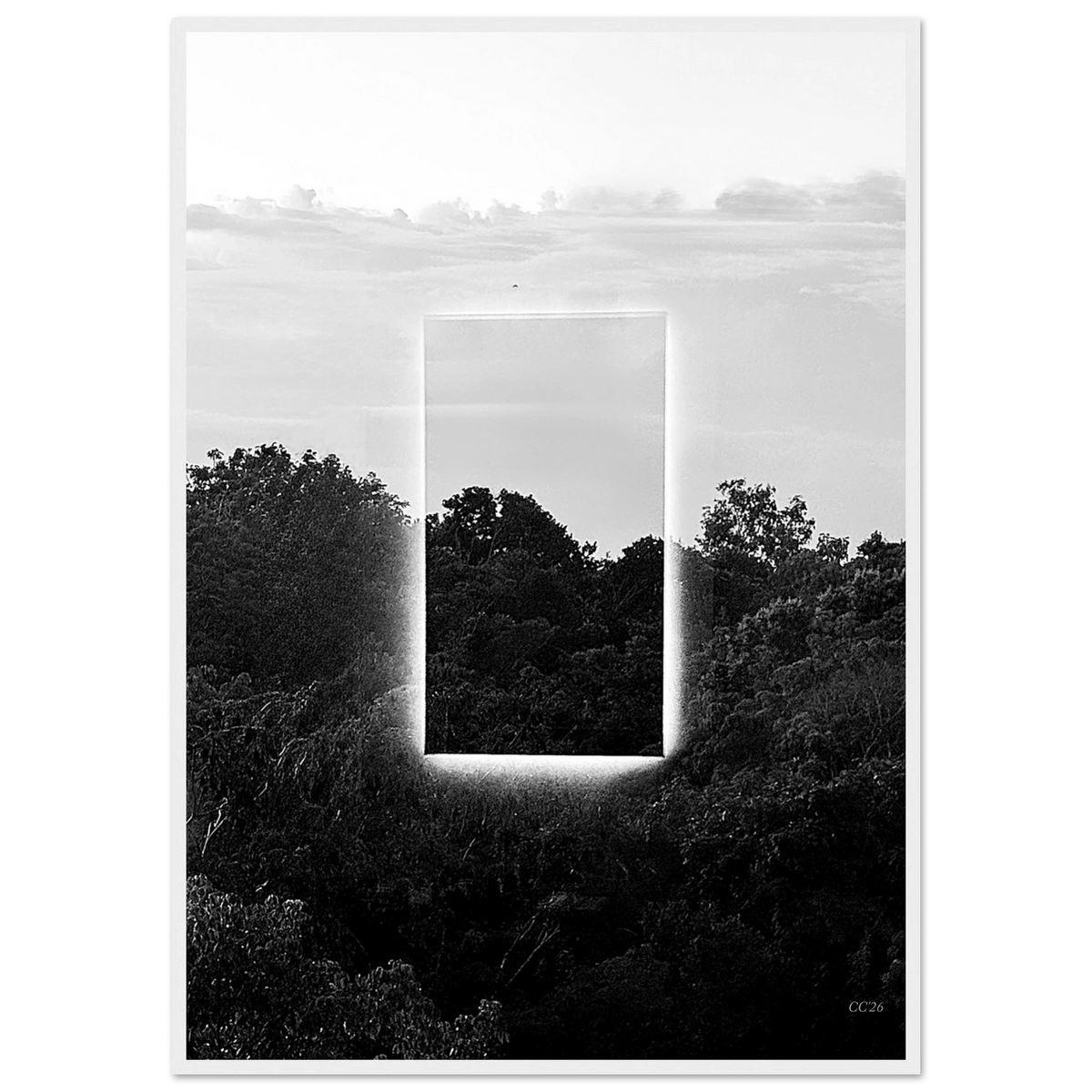 Black and white print titled "A Window into Jungle Stillness" by CaliCuration, limited edition of 5, showcasing a tranquil jungle scene.