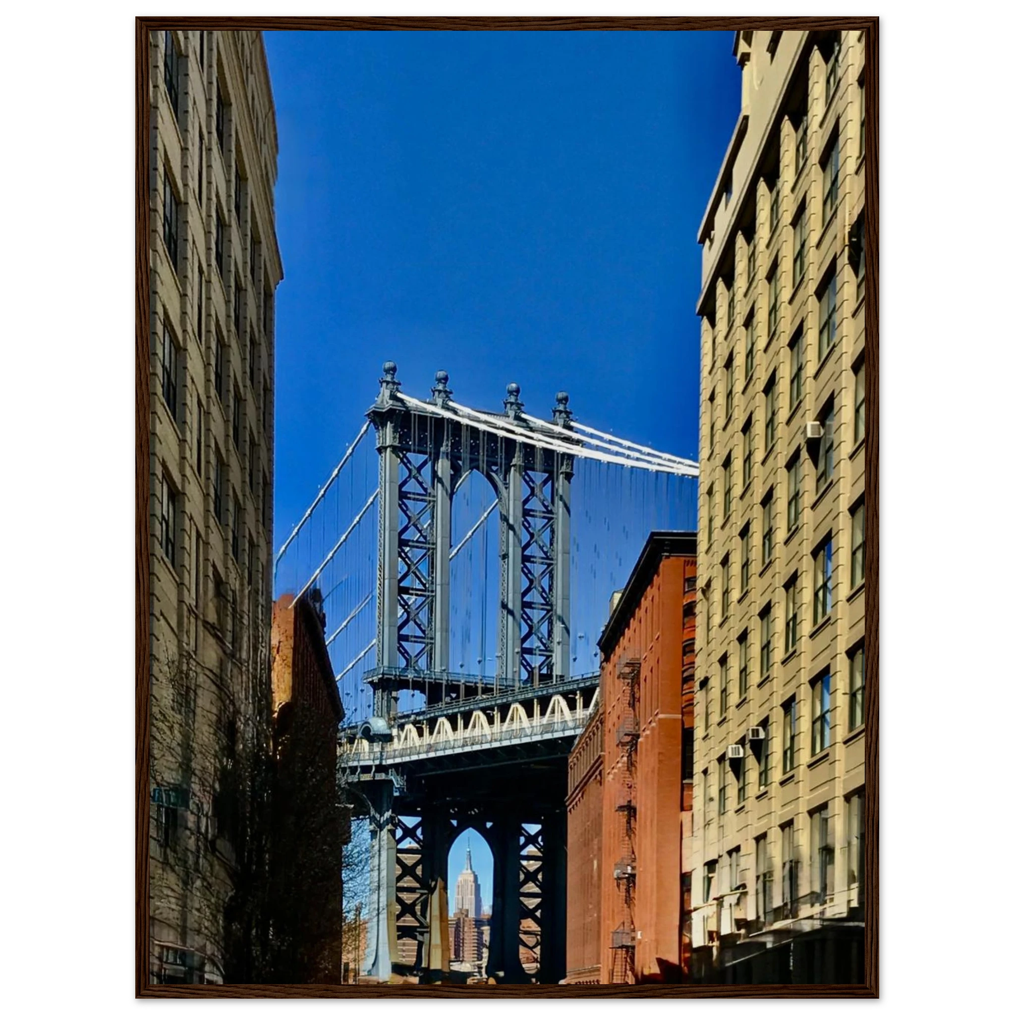 Wooden framed NYC Dumbo skyline print by CaliCuration, featuring a spring day travel wall art scene.
