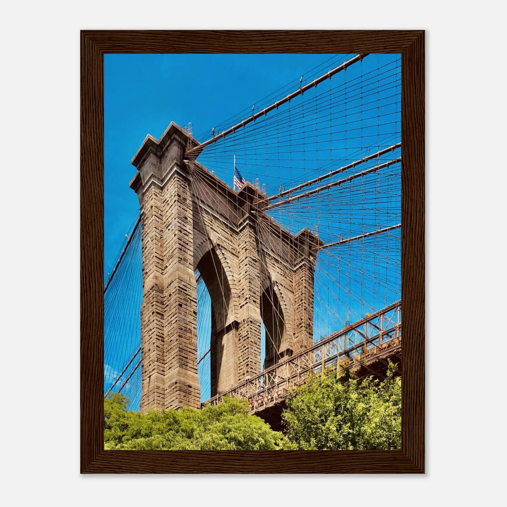 Framed NYC Brooklyn Bridge poster featuring Dumbo view, showcasing vibrant cityscape and iconic bridge in a stylish print.
