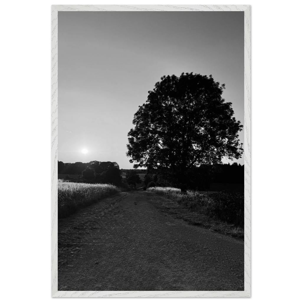 Mounted wooden framed poster of summer in the English countryside Cotswolds, black and white travel print by My Store.