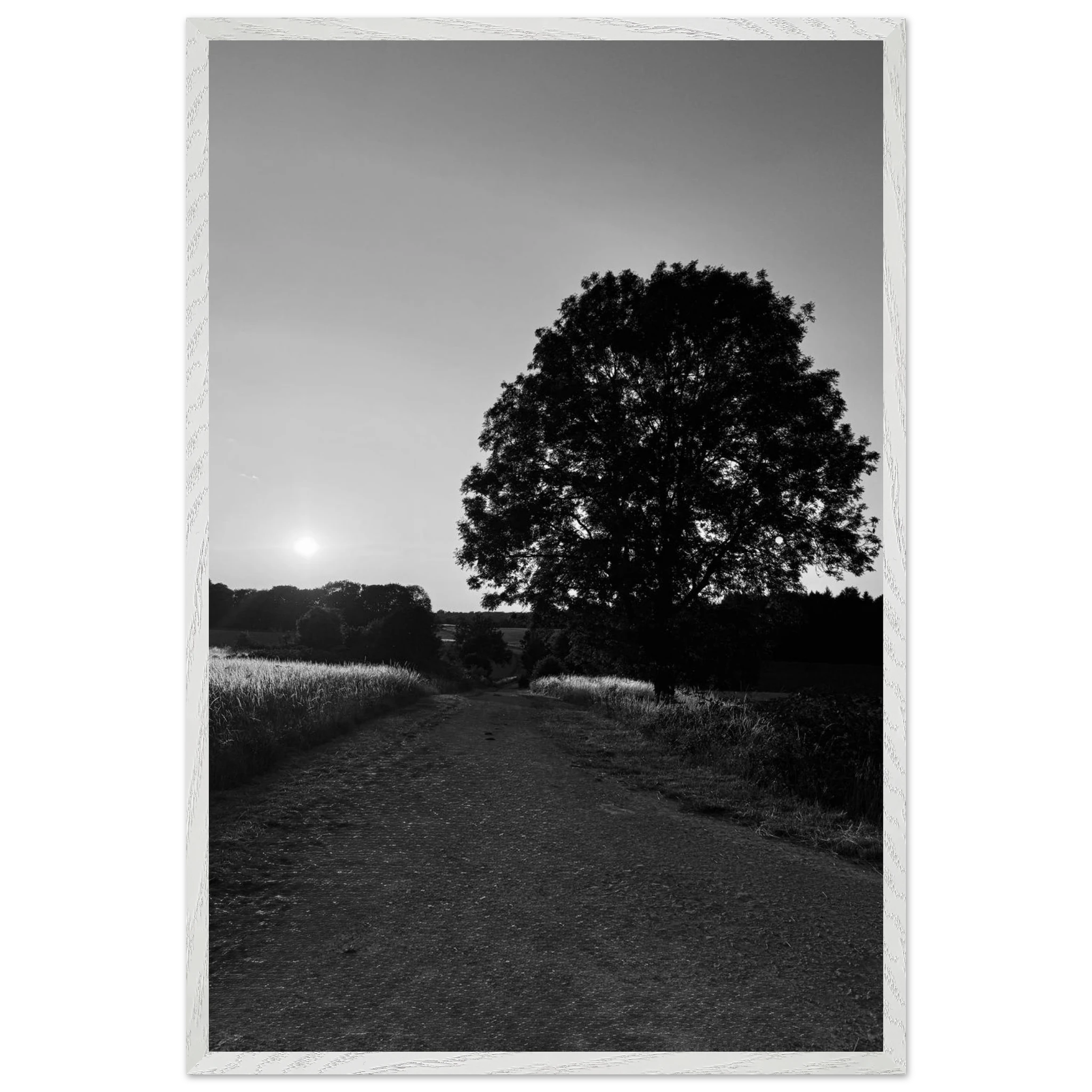 Mounted wooden framed poster of summer in the English countryside Cotswolds, black and white travel print by My Store.