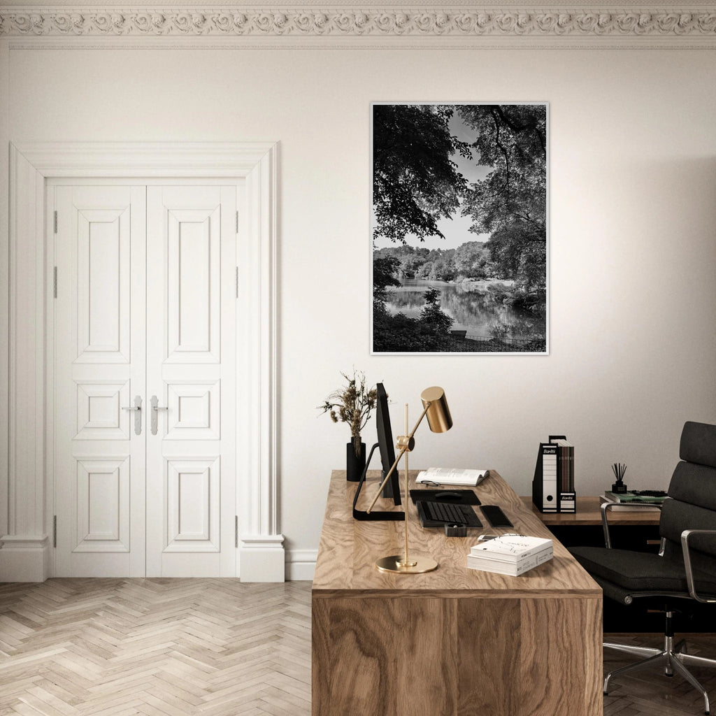 Black and white framed print of a summer lake scene from Upstate NY, part of the Studio Edition Travel Collection.