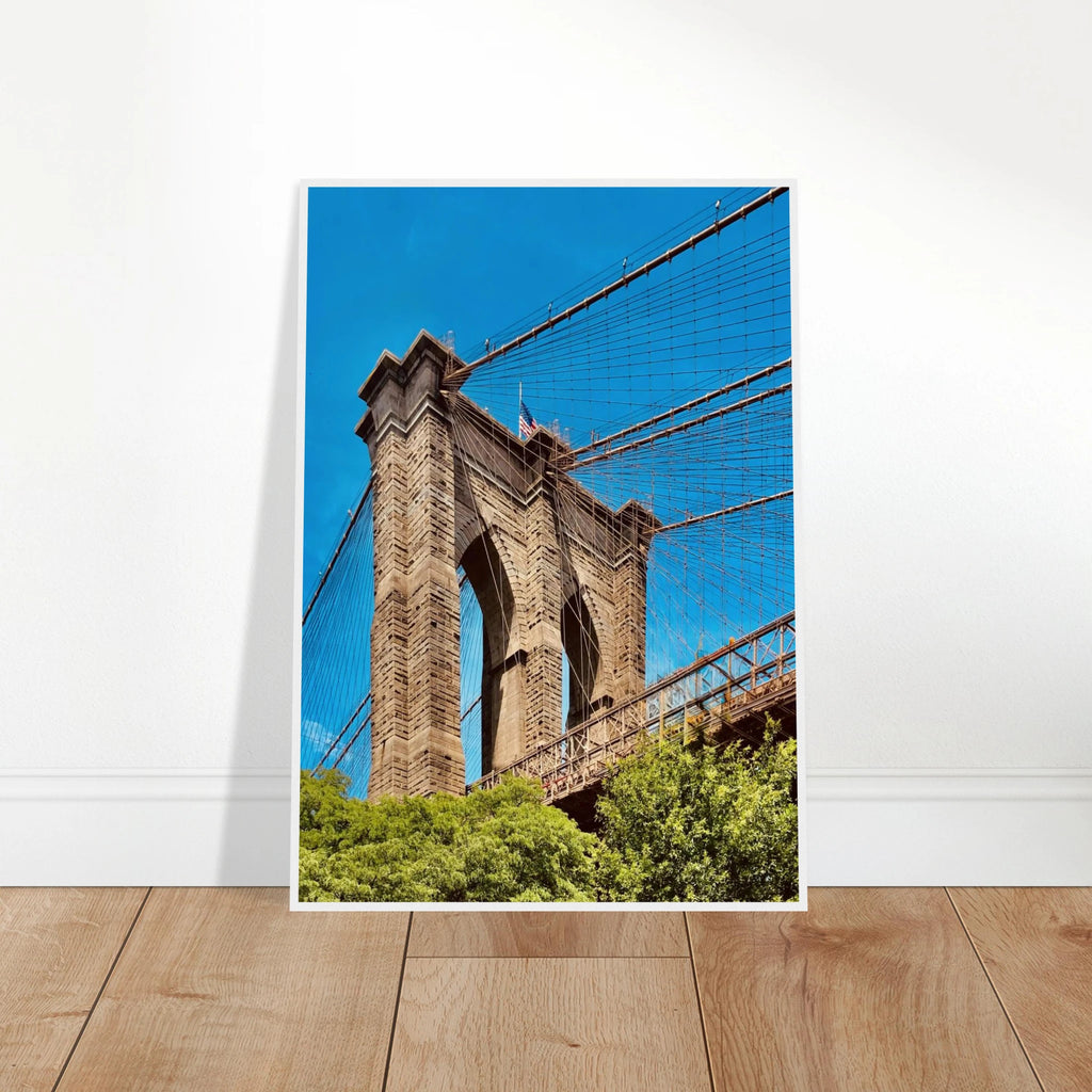 Framed NYC Brooklyn Bridge poster featuring a Dumbo view from the Studio Edition print, perfect for travel-themed home decor.