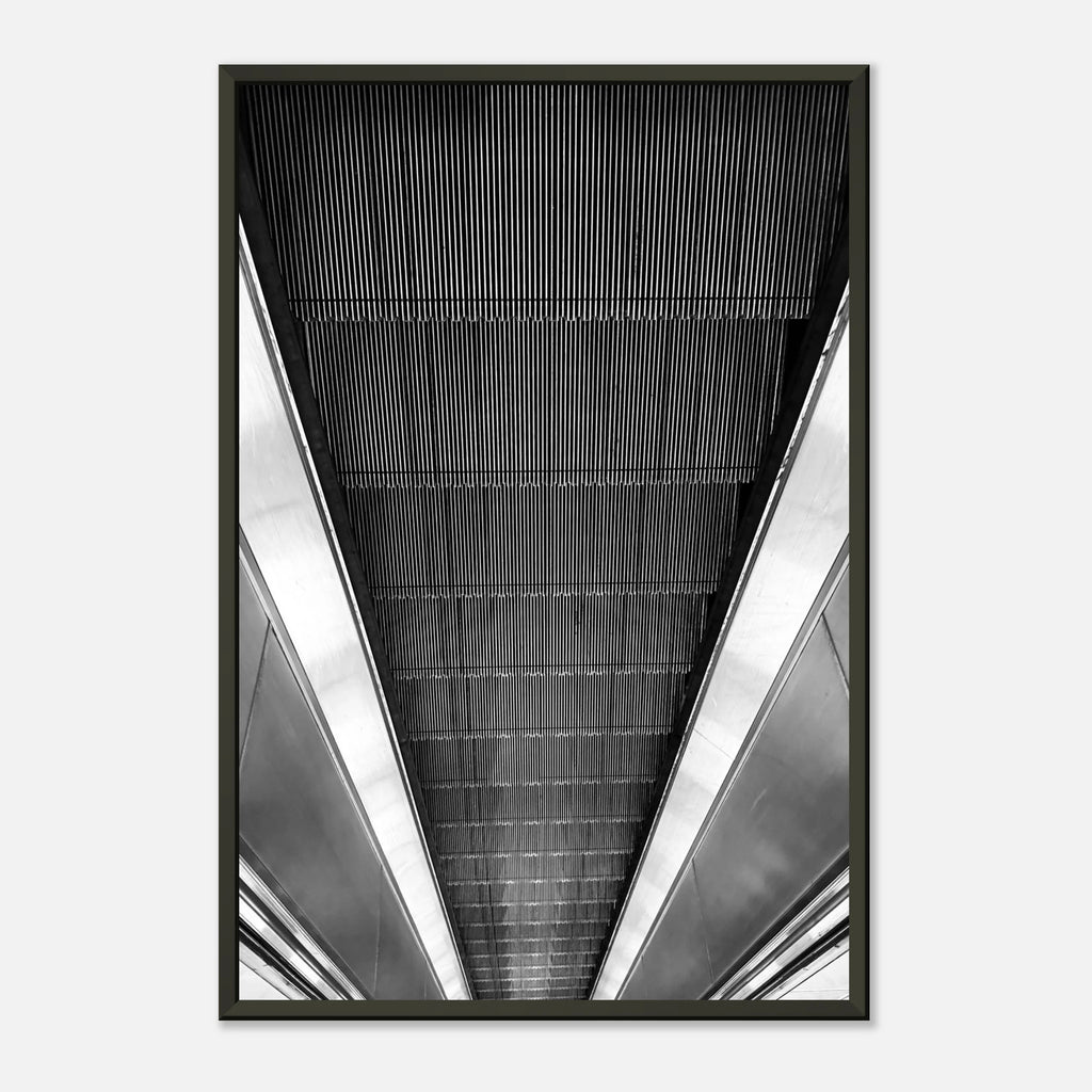 Black and white framed print of the London Tube escalator abstract from the Travel Collection by My Store, studio edition.