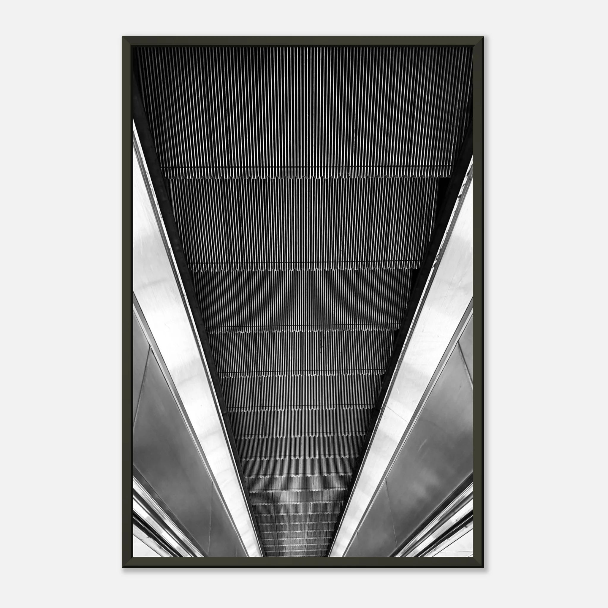 Black and white framed poster of London Tube escalator abstract art from the Studio Edition travel collection.