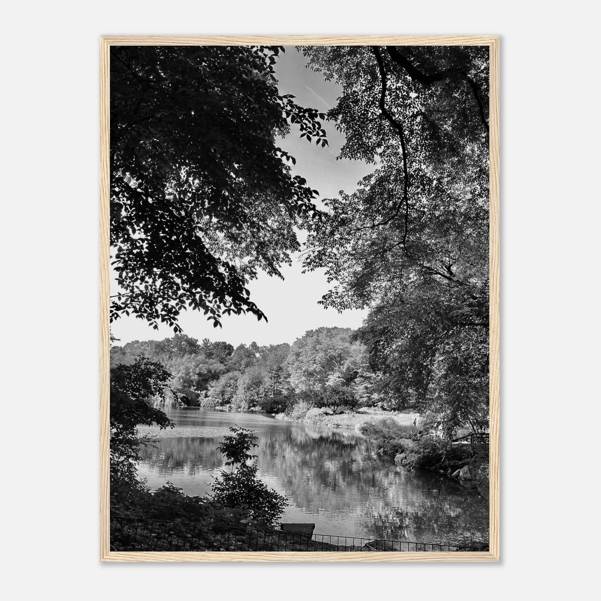 Black and white framed print of a summer lake scene from Upstate NY, part of the Studio Edition Travel Collection.