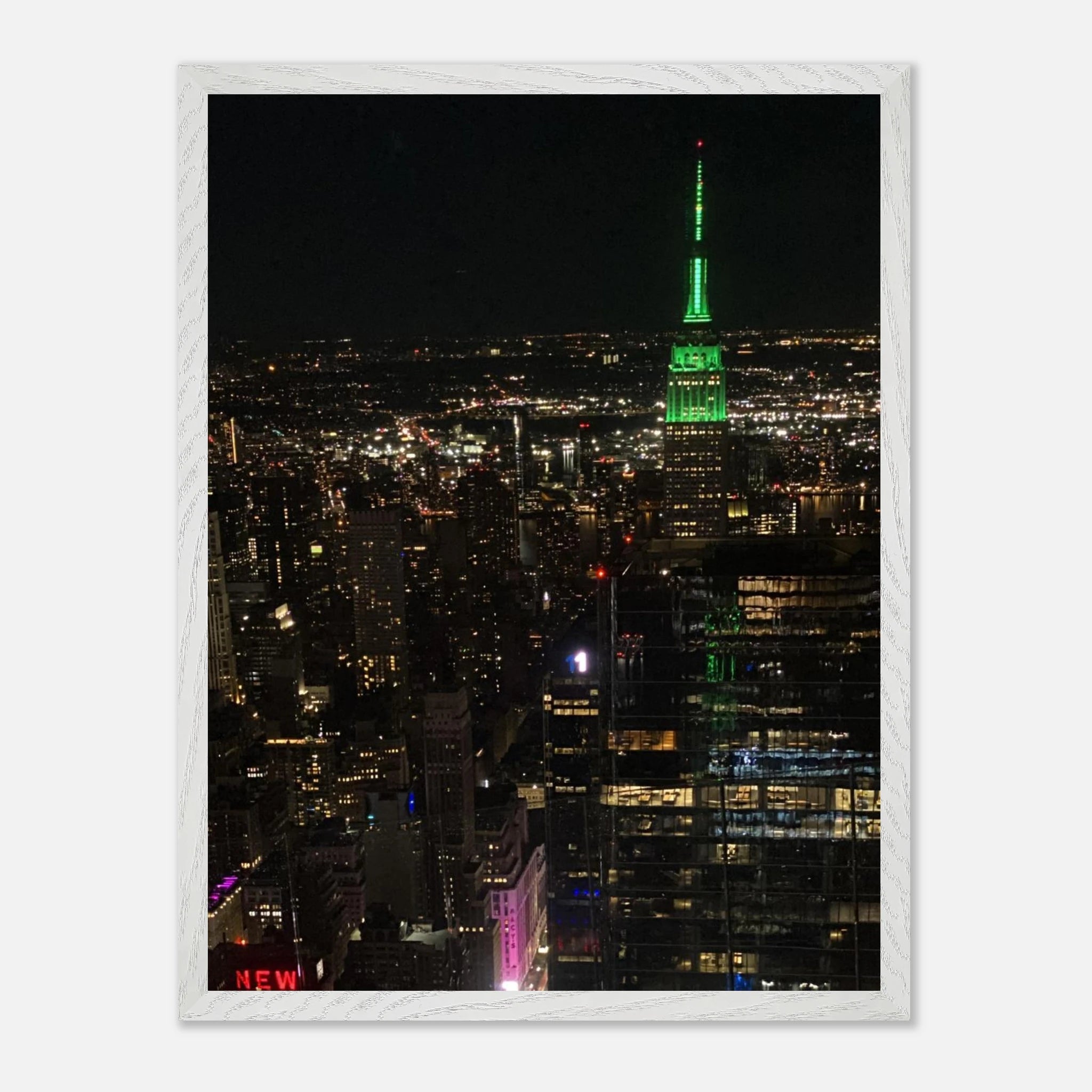 Premium wood-mounted framed poster of NYC downtown night view with Empire State Building, part of the Holiday Travel Collection.